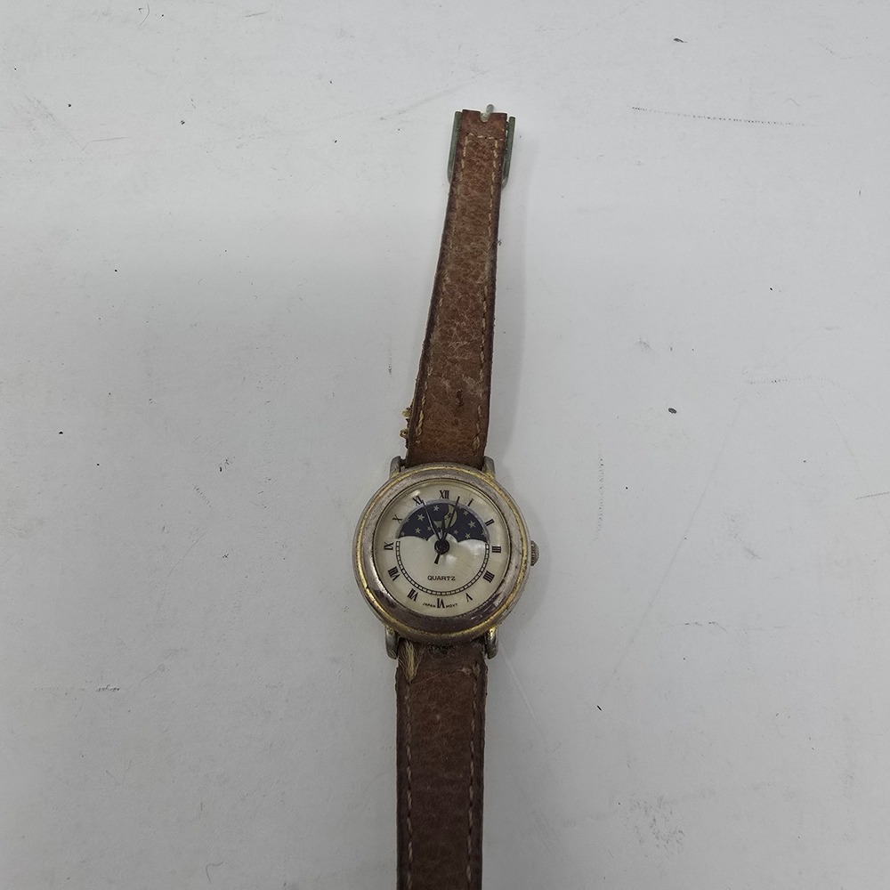 Vintage Moon Phase Celestial Quartz Watch Brown Leather Strap Roman Numerals